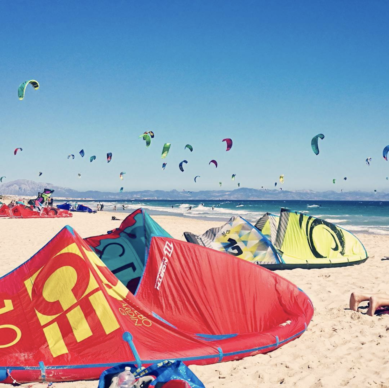 kitesurf tangana tarifa - massor av kite på stranden