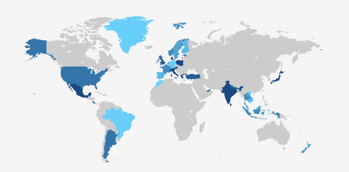 Exploristas karta över världen med besökta länder